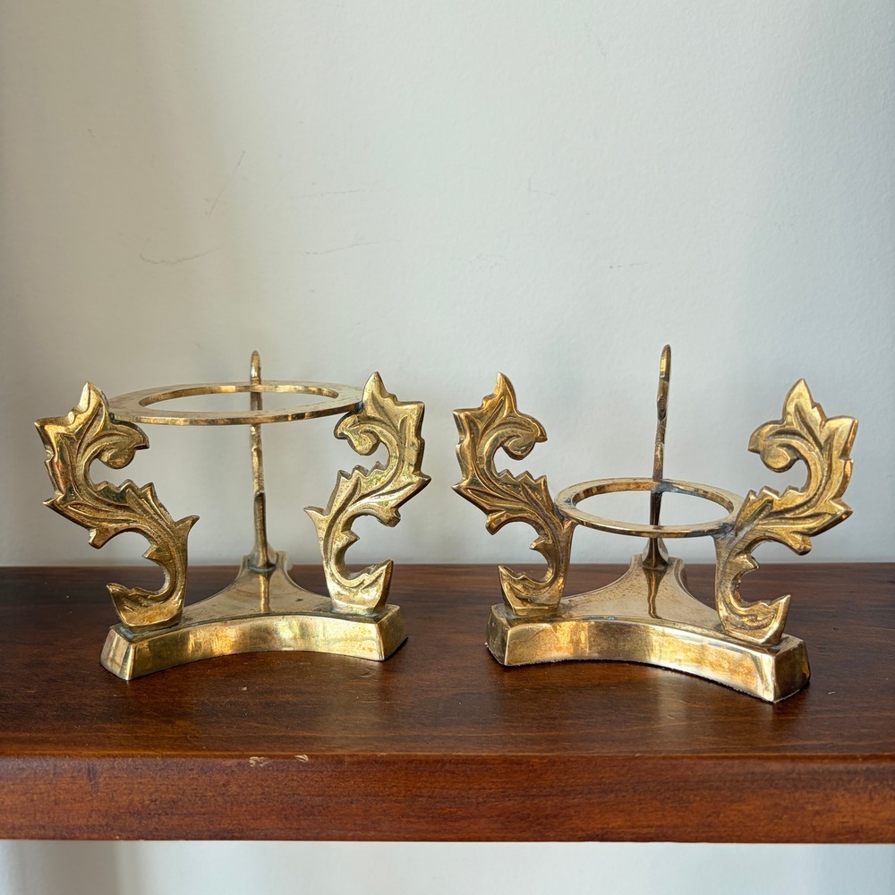Vintage Ornate Brass Acanthus Leaf Orb Egg Display Stand Set of 2 Gold Tripod